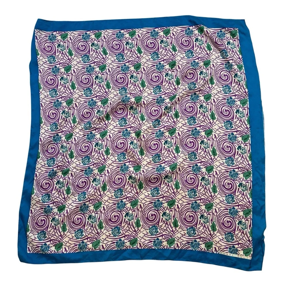 Ladies Vintage Perry‎ Ellis 100% Silk Blue and Purple Floral Scarf